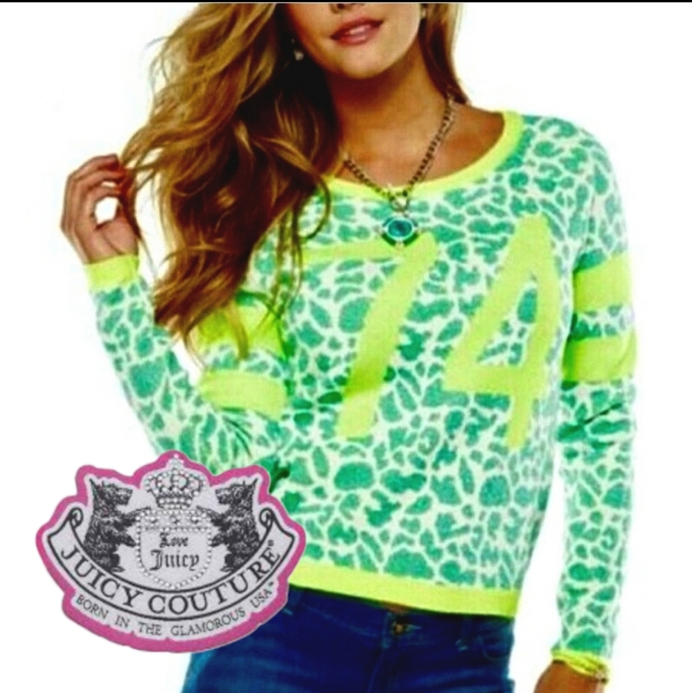 CREWNECK SWEATER S JUICY COUTURE AUTHENTIC NEON LIME LEOPARD PRINT